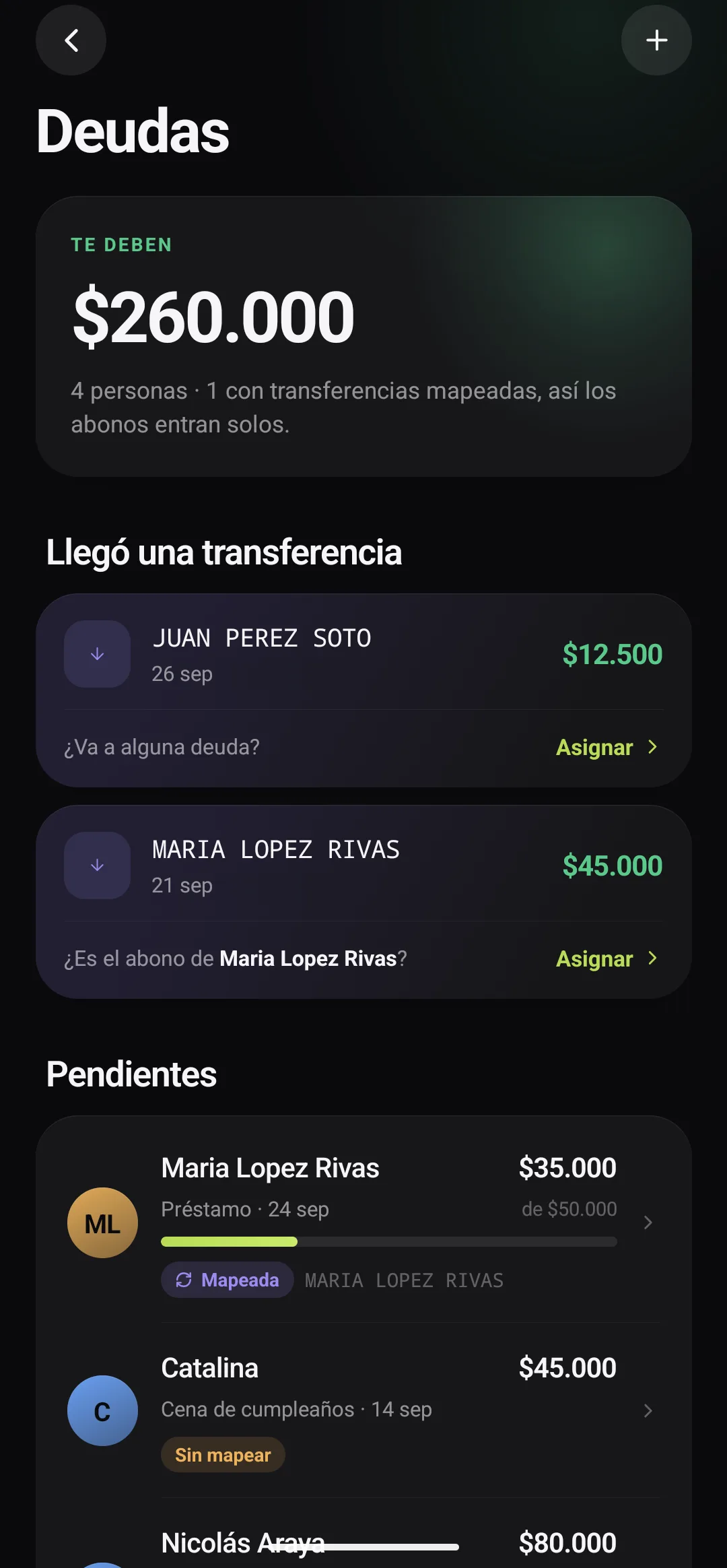 Deudas con transferencias recibidas listas para asignar