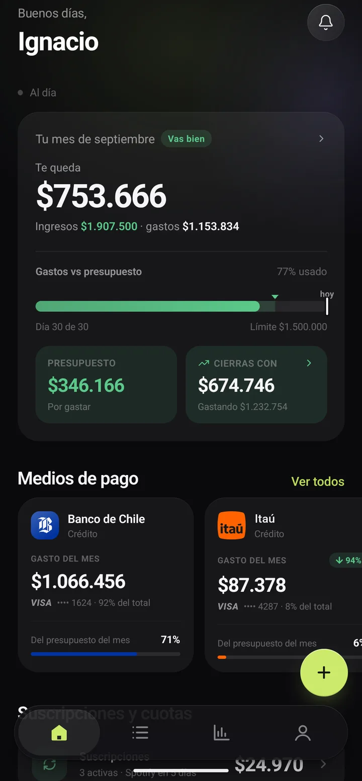 Pantalla de inicio de Findra con lo que queda del mes y el avance del presupuesto